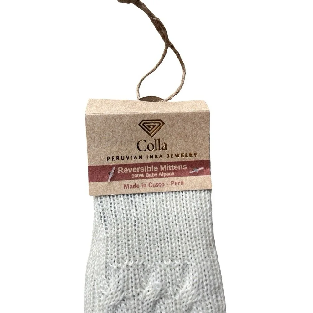 Colla 100% Baby Alpaca Reversible Mittens Peru Cable Knit Ivory Gray NWT